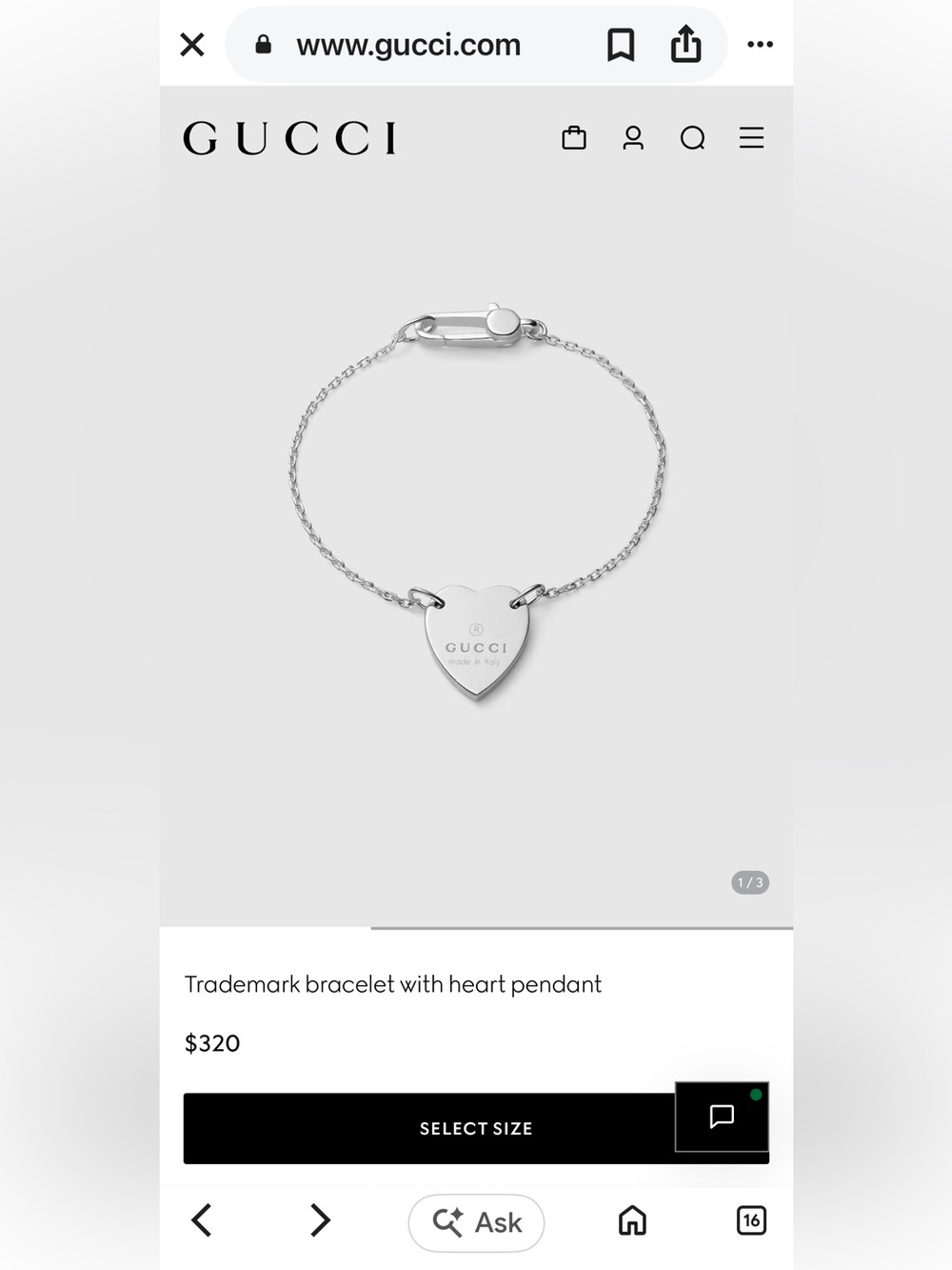 Authentic Gucci Silver Heart Tag Chain Bracelet